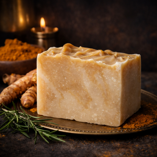 Bar of soap on a dark surface with turmeric roots and a candle in the background